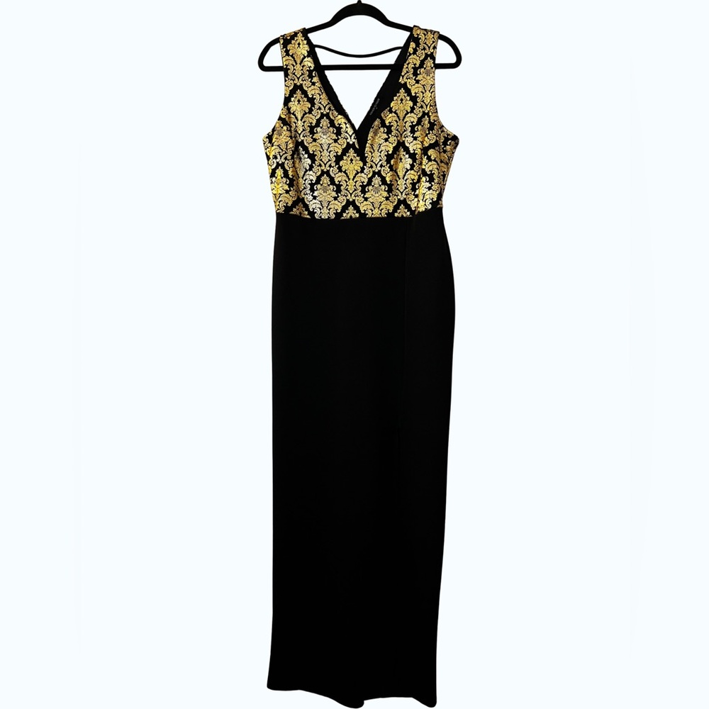 (NWT) Black & Gold Brocade Maxi Dress | Formal Evening Gown Sleeveless (1X)